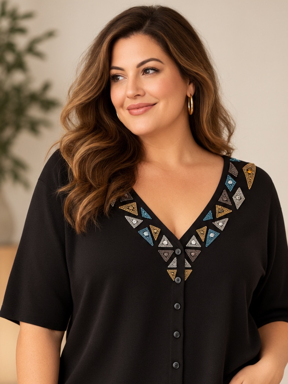 Vintage 90’s LOULOU Women’s 2X Black Beaded Embellished V-Neck Button Front Card